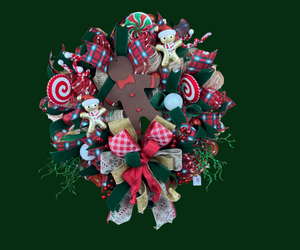 Gingerbread Christmas Wreath | Handmade Candy Cane Front Door Wreath | Whimsical Farmhouse Holiday Door Hanger | Christmas