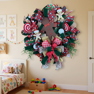 Gingerbread Christmas Wreath | Handmade Candy Cane Front Door Wreath | Whimsical Farmhouse Holiday Door Hanger | Christmas