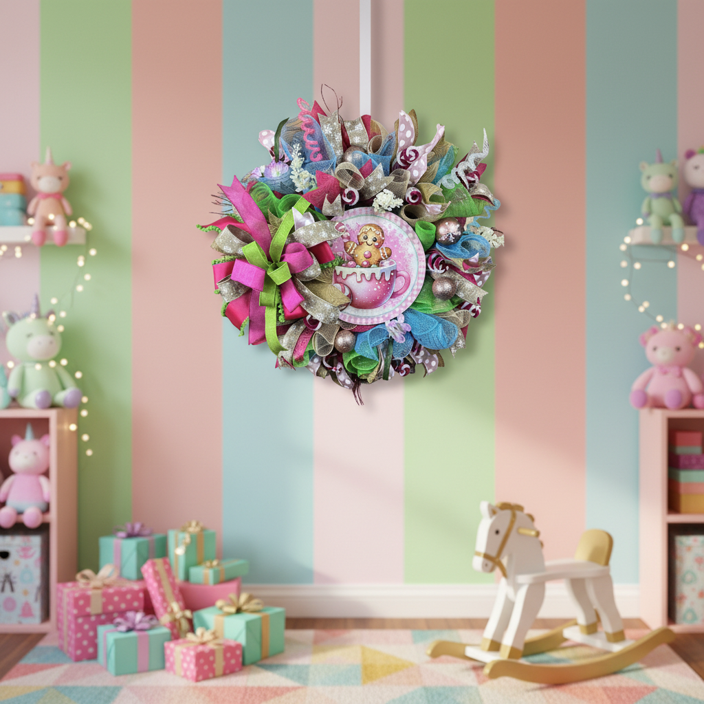 Gingerbread Hot Cocoa Christmas Wreath | Whimsical Candyland Front Door Wreath | Pink Christmas Decor | Handmade Holiday Door Hanger
