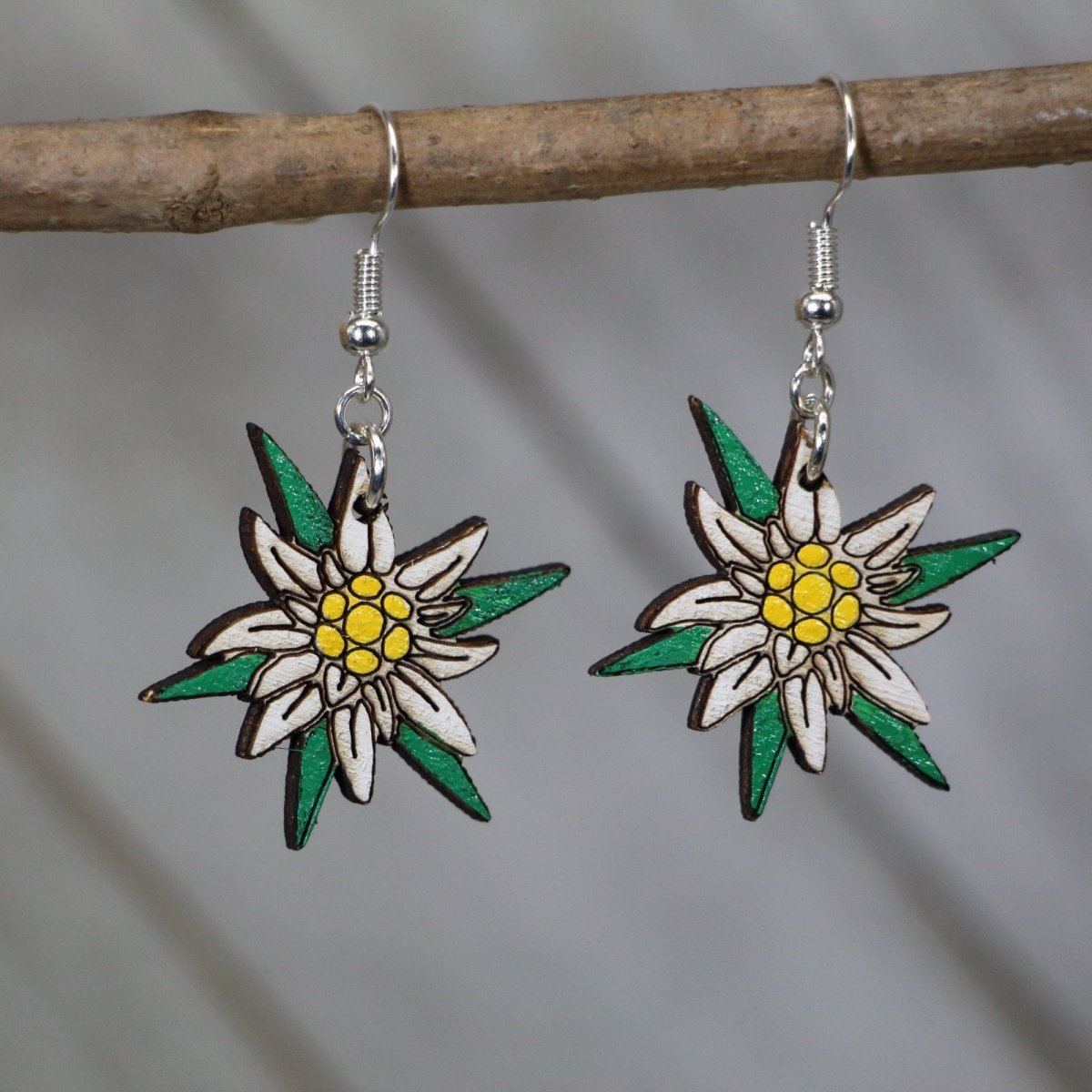 Edelweiss Flower Wooden Earrings | Alpine Floral Jewelry by Cate's Concepts, LLC, handmade jewelry main product photo