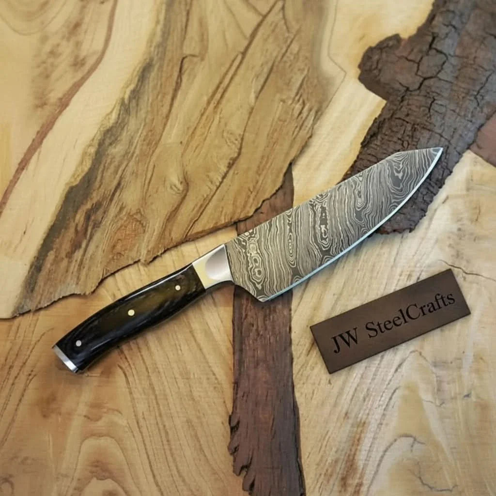 12” Twisted Pattern Damascus Chef Knife with Black Pakka Wood Handle and Steel Bolster & Full Tang by JW SteelCrafts, Damascus knife main product photo