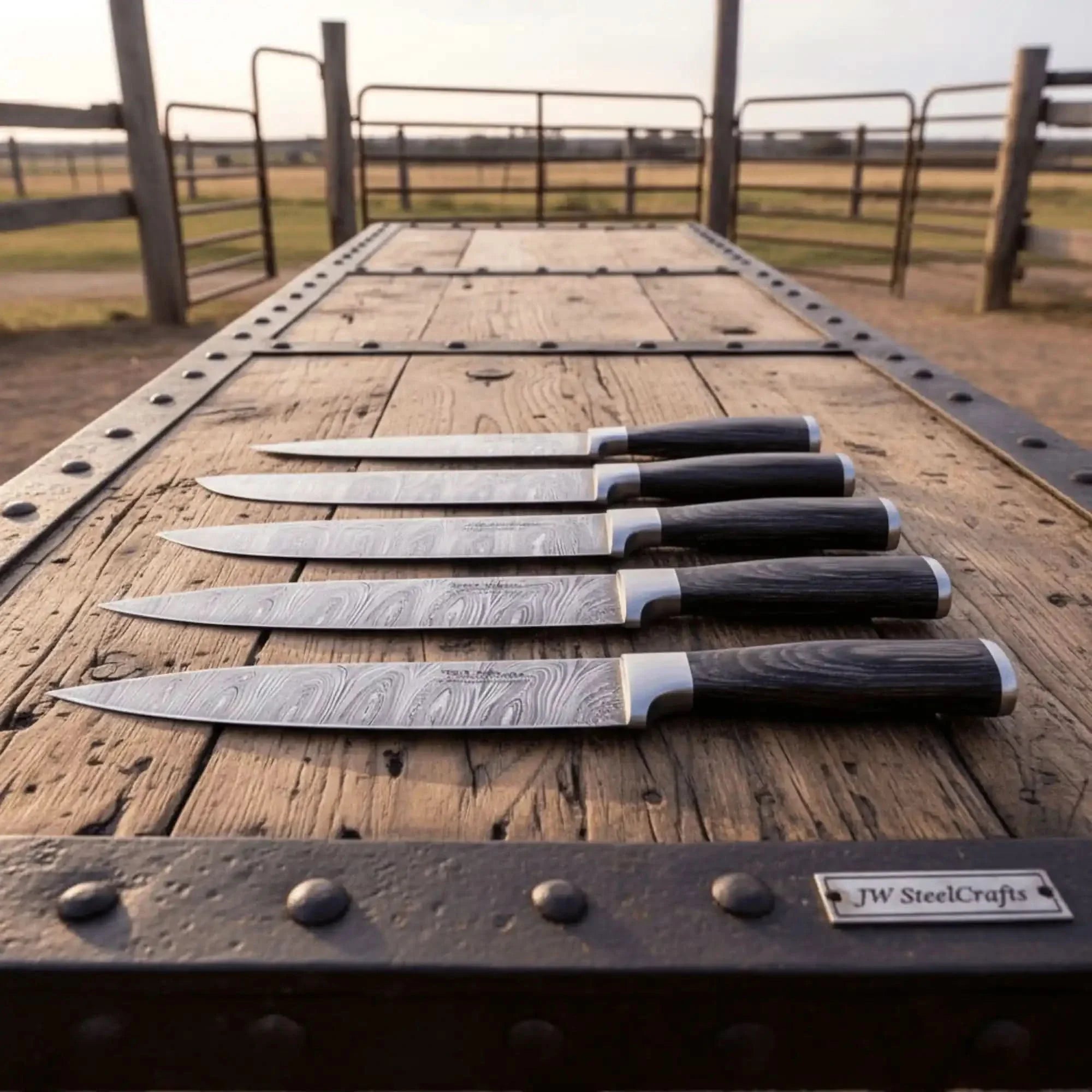 6-Piece Ladder Pattern Damascus Knife Set with Black Wood Handles and Steel Bolsters detail view by JW SteelCrafts