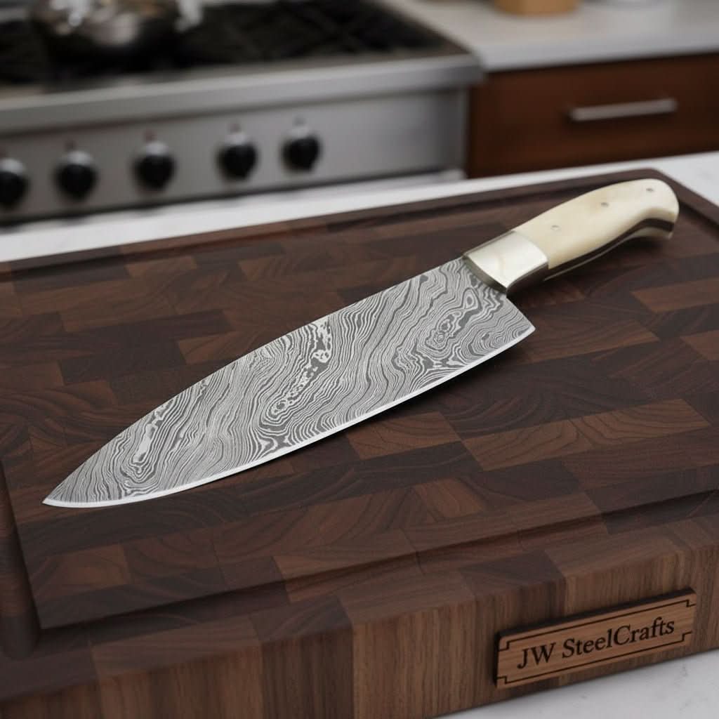 Gyuto Knife, Handmade Damascus Steel Blade, White Bone Handle with Steel Bolster, Full Tang Japanese Chef Knife, JW SteelCrafts by JW SteelCrafts, Damascus knife main product photo