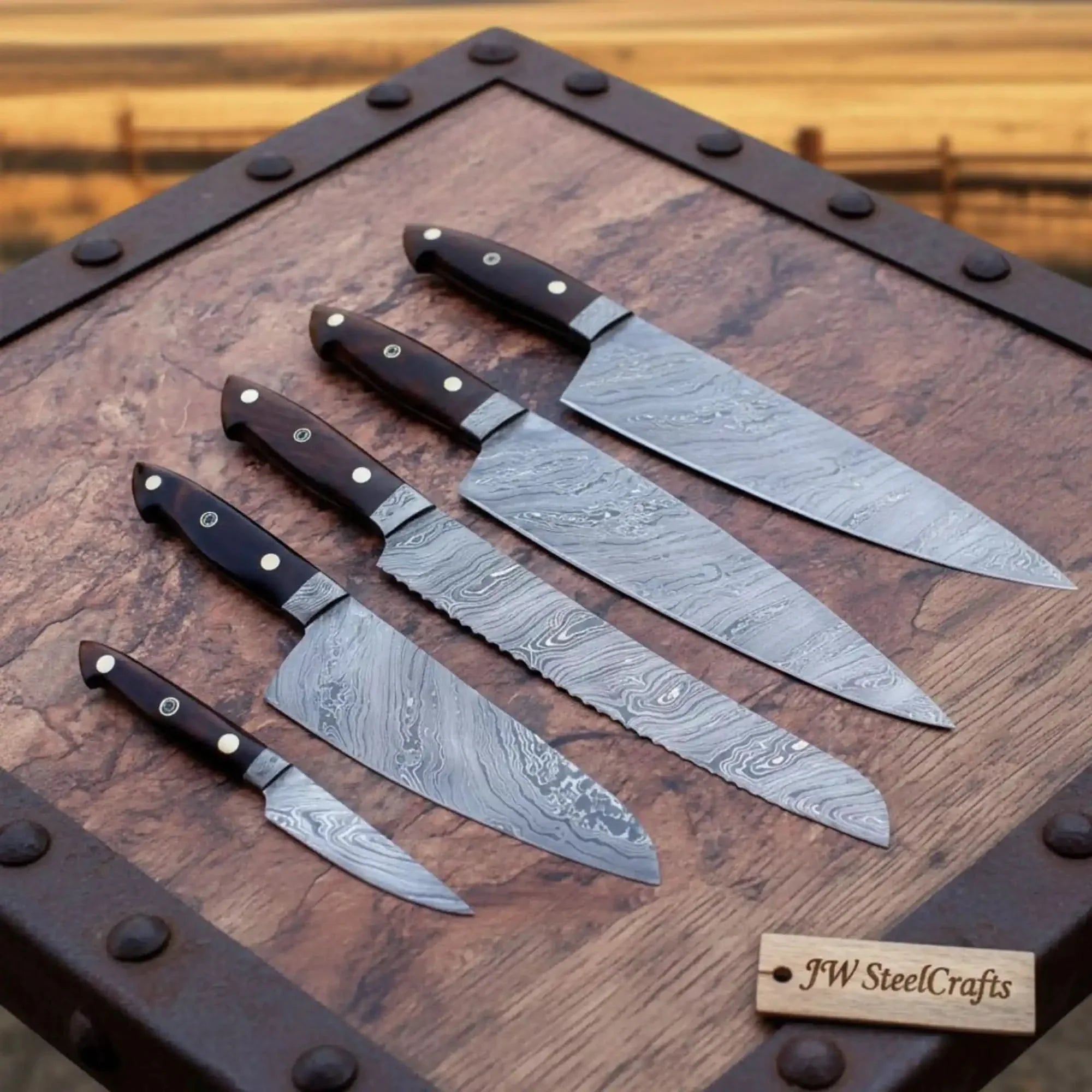 Handmade Damascus Chef Knife Set with Rosewood Handles, Full Tang Steel, Professional Kitchen Knives Collection with Chef Bread Santoku and Paring Bla by JW SteelCrafts, Damascus