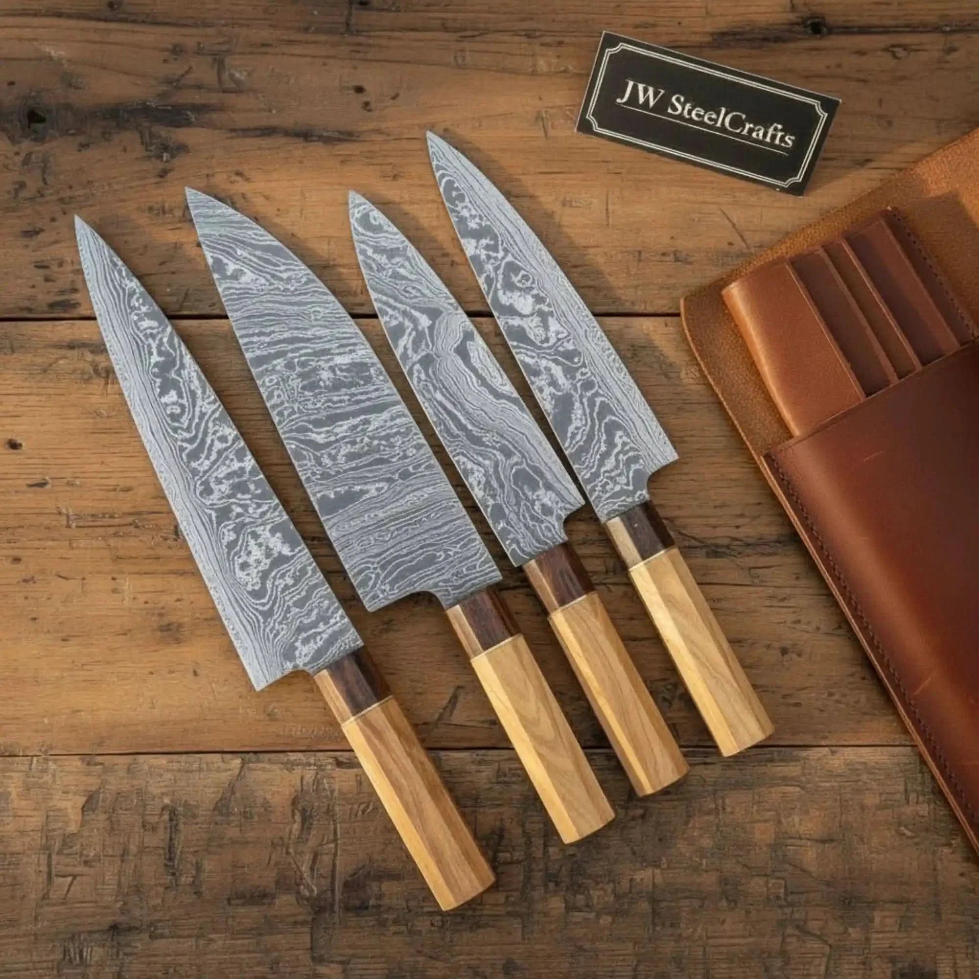 Handmade Damascus Outdoor Cooking Knife Set – 4-Piece Camp Chef Knife Set with Olive & Rosewood Handles by JW SteelCrafts, Damascus knife main product photo
