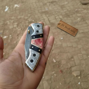 Handmade Damascus Folding Knife with Engraved Bolster, Black Resin and Colored Bone Handle – Custom EDC Pocket Knife by JW SteelCrafts