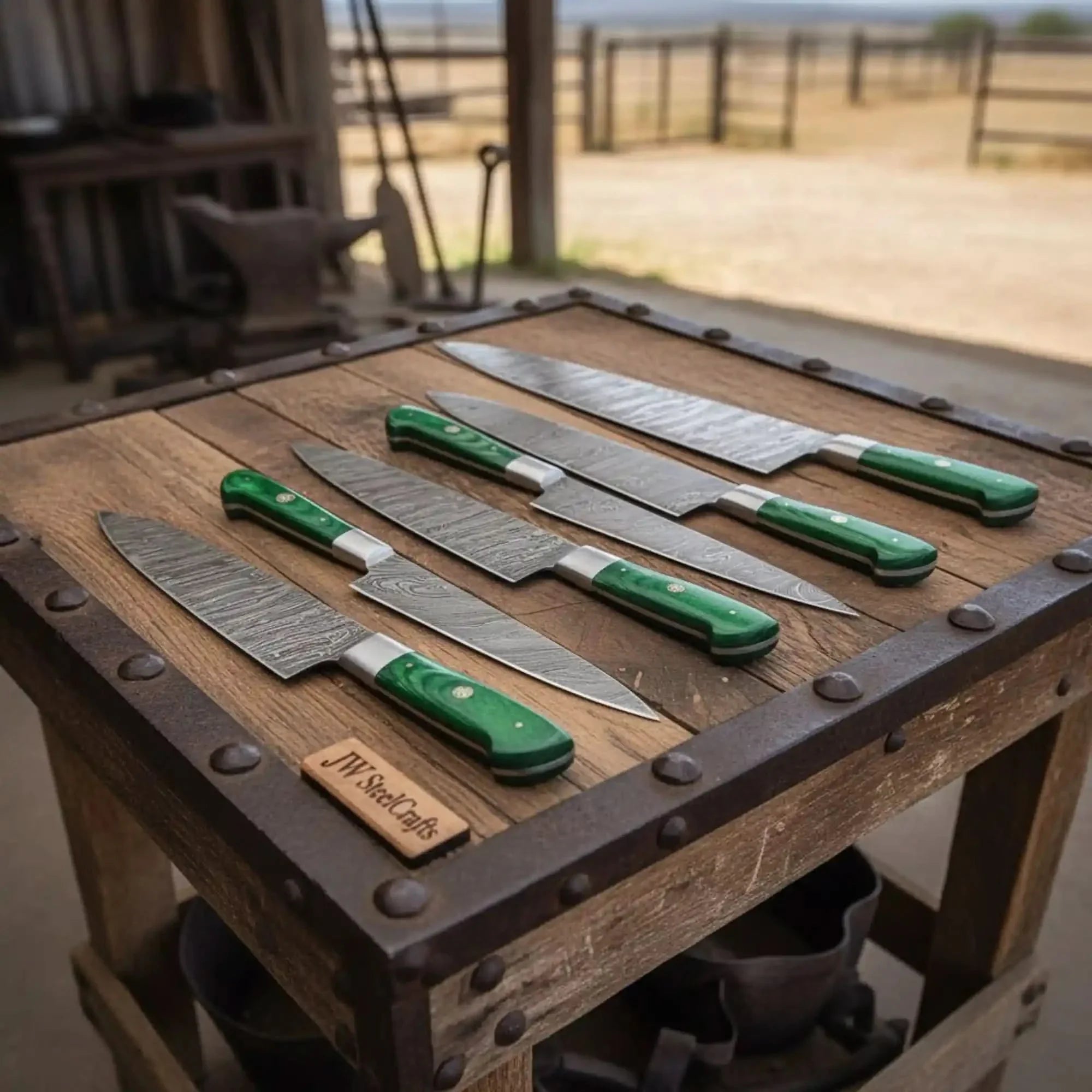 6-Piece Damascus Kitchen Knife Set with Green Wood Handle - Professional Cooking Collection by JW SteelCrafts, Damascus knife detail photo 2