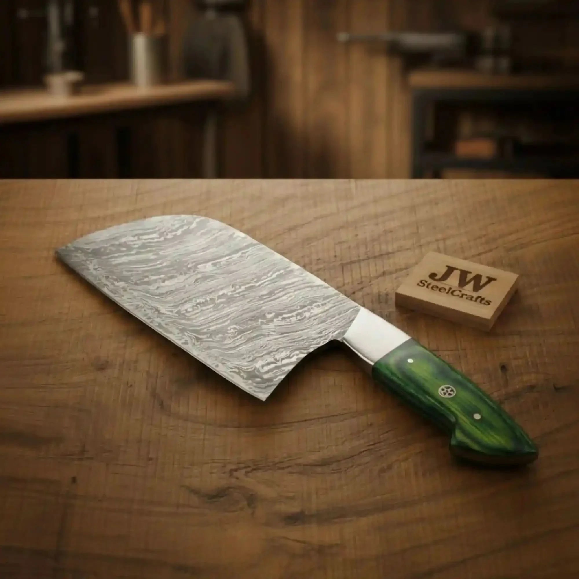 8-Inch Forged Damascus Meat Cleaver — Green Pakka Wood Handle, Steel Bolster & Mosaic Pin | JW Steel Crafts by JW SteelCrafts, Southern lifestyle apparel main product photo