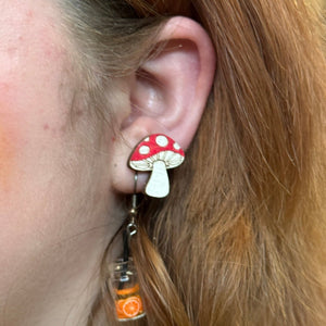 Enchanted Mushroom Wooden Dangle Earrings | Fantasy Jewelry detail view by Cate's Concepts, LLC