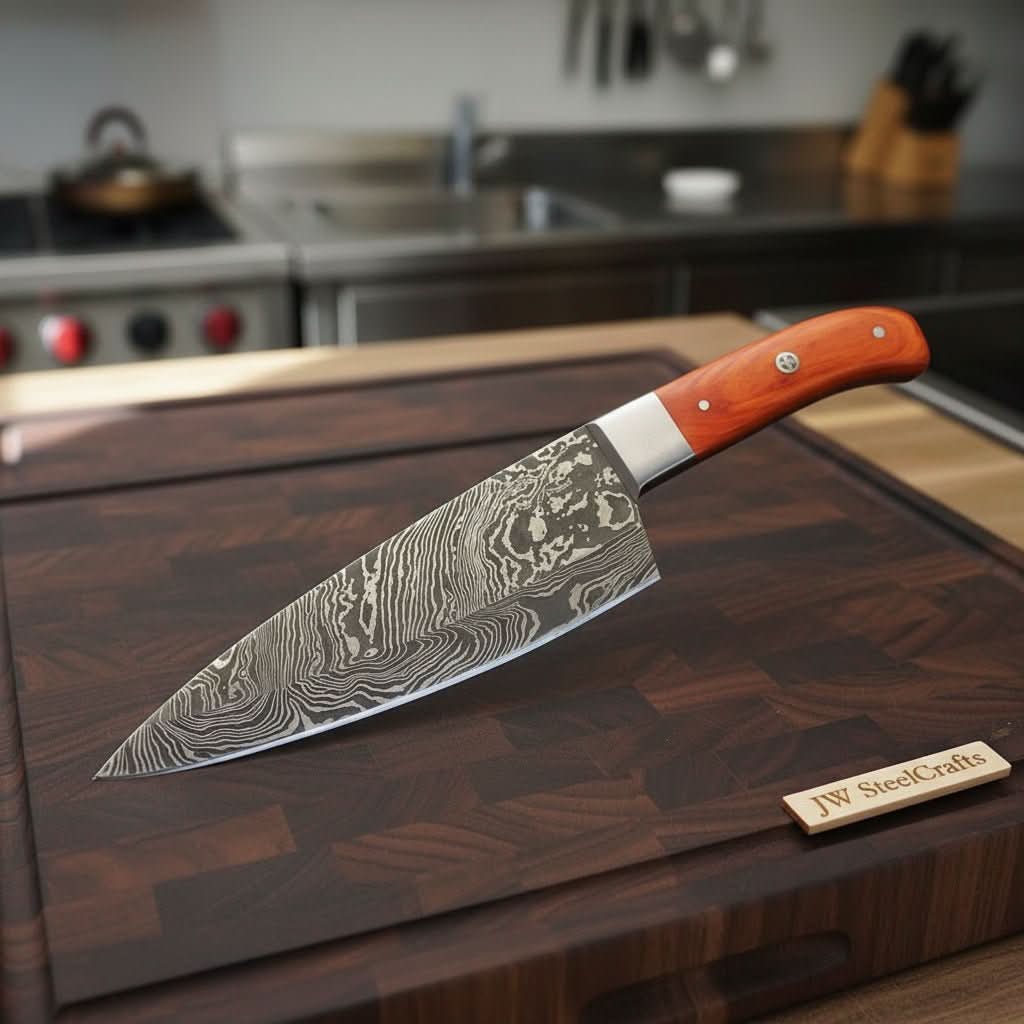 Damascus Gyuto Knife with Layered Steel Blade & Orange Wood Handle for Precision Slicing by JW SteelCrafts, Damascus knife main product photo
