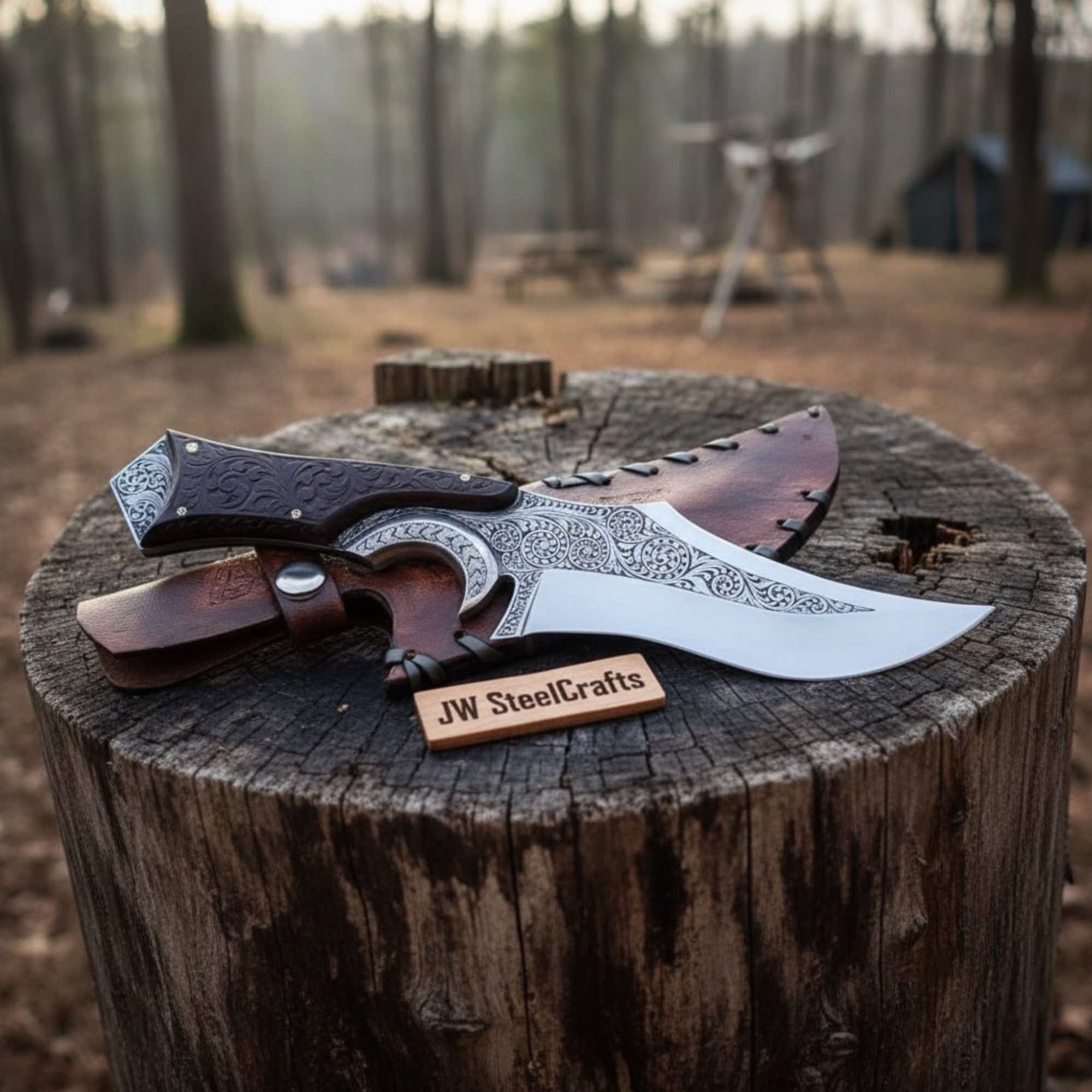 Handmade Persian Recurve Bowie Knife Engraved D2 Steel Custom Handle by JW SteelCrafts, Damascus knife main product photo