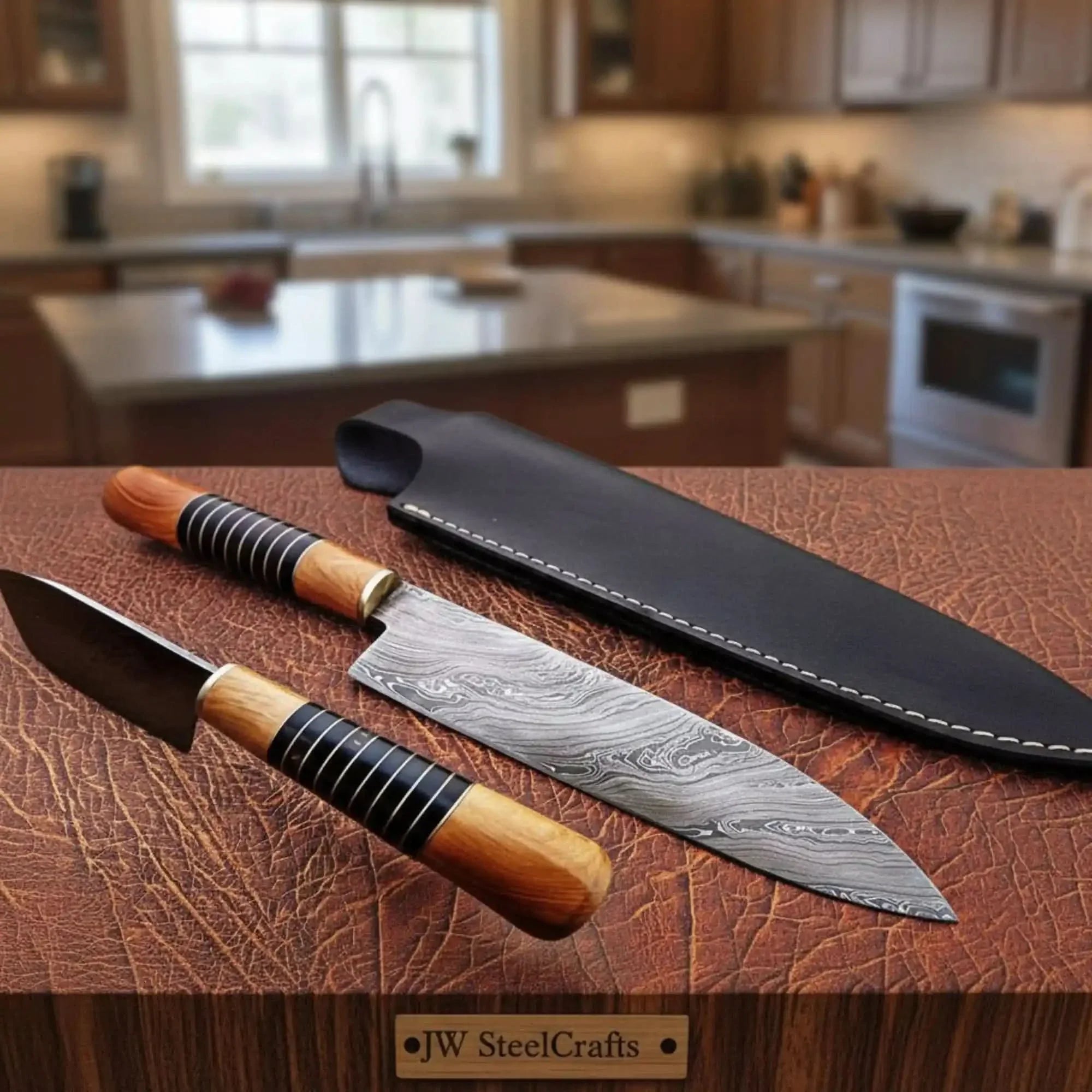 14" Damascus Chef Knife — 9" Blade, Olive Wood Handle with Black Resin Spacers & Leather Sheath by JW SteelCrafts, leather knife sheath main product photo