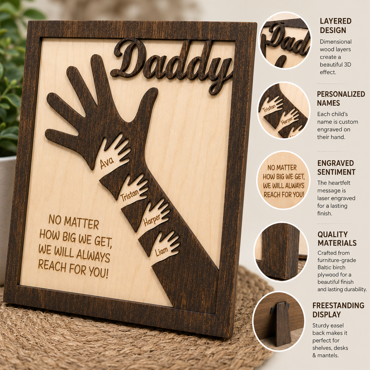 Personalized Reach for Daddy Wood Plaque with Children's Name