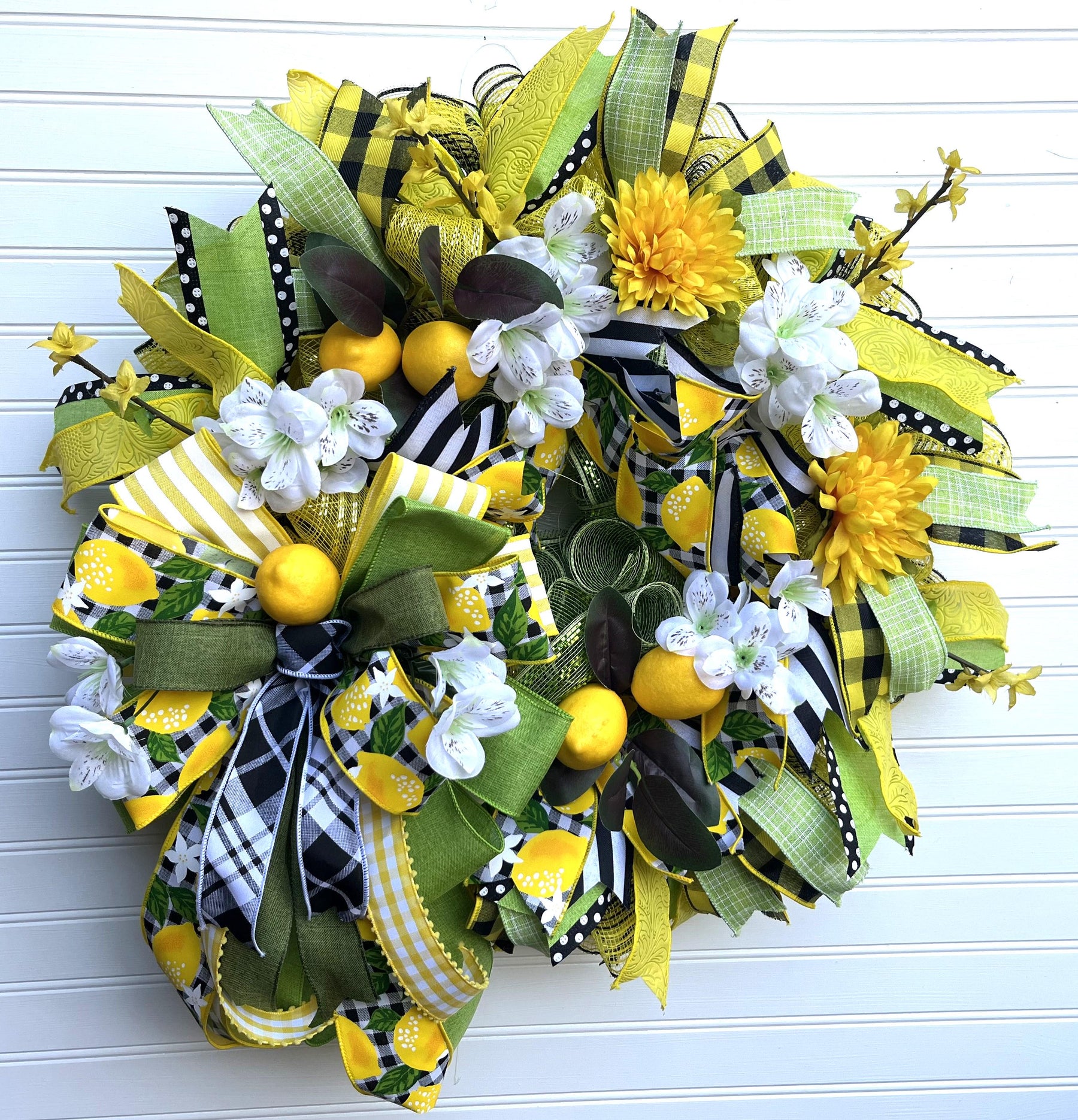 Lemon Summer Wreath | Yellow Floral Gingham Door Decor by Bouge Creations, view 2