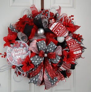 Red Poinsettia Christmas Wreath | Gold Plaid Door Decor by Bouge Creations, view 6