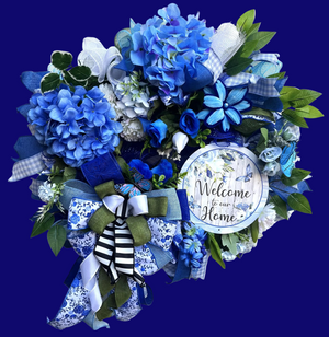 Blue Hydrangea Welcome Home Wreath | Blue White Ribbon Front Door Decor detail view by Bouge Creations