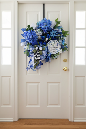Blue Hydrangea Welcome Home Wreath | Blue White Ribbon Front Door Decor detail view by Bouge Creations