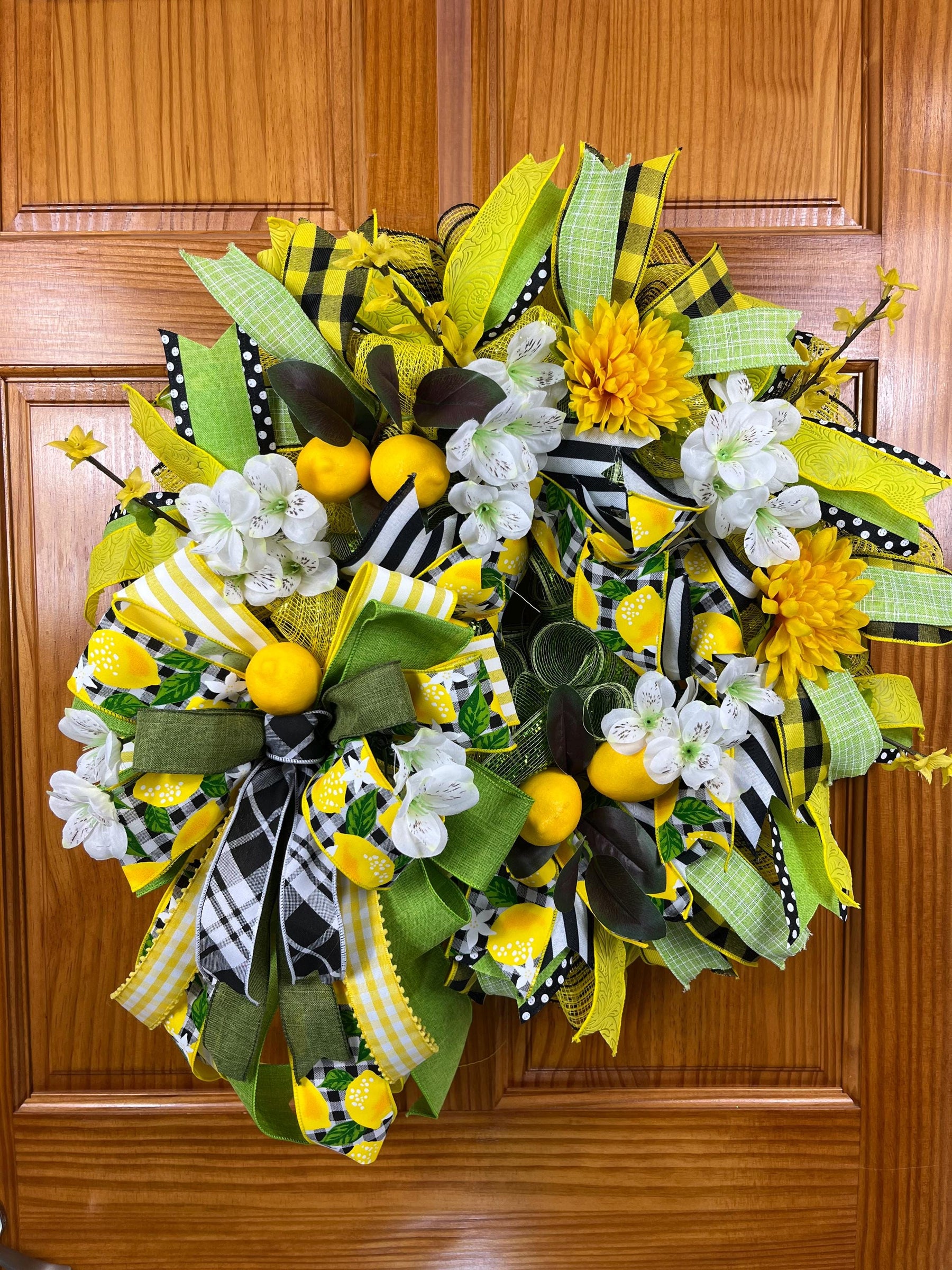 Lemon Summer Wreath | Yellow Floral Gingham Door Decor by Bouge Creations, view 5