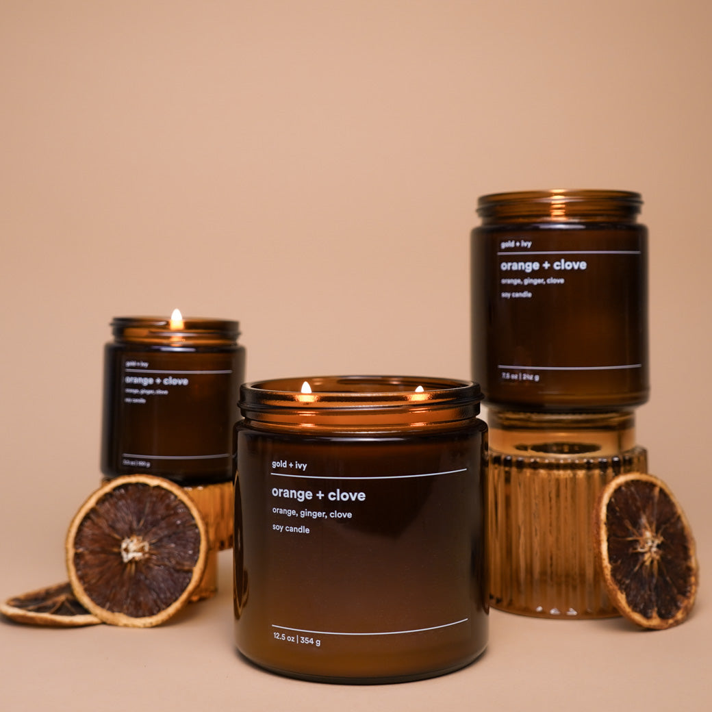 Orange + clove by gold + ivy, scented candle detail photo 2
