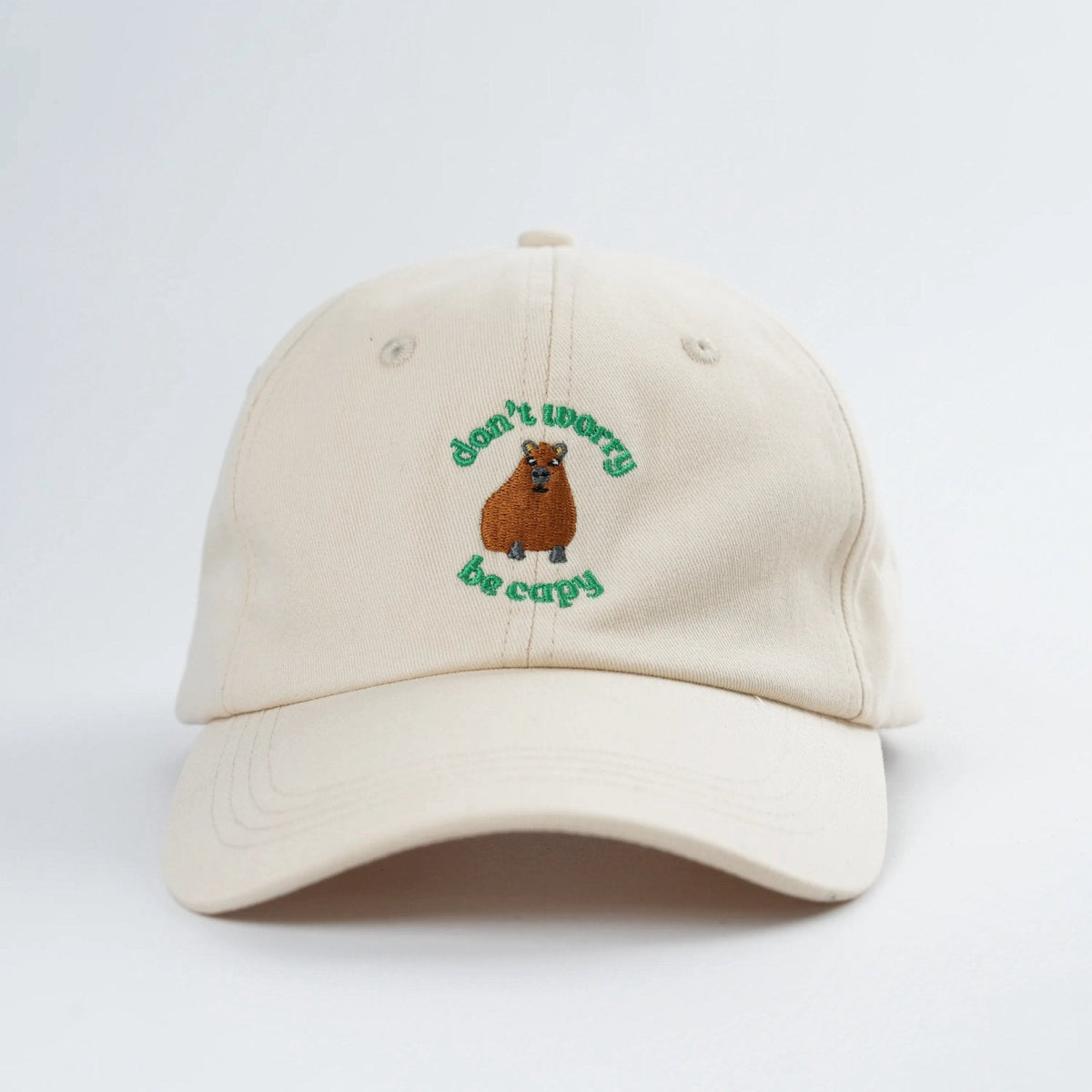 Don't Worry, Be Capy embroidered baseball hat for kids and adults