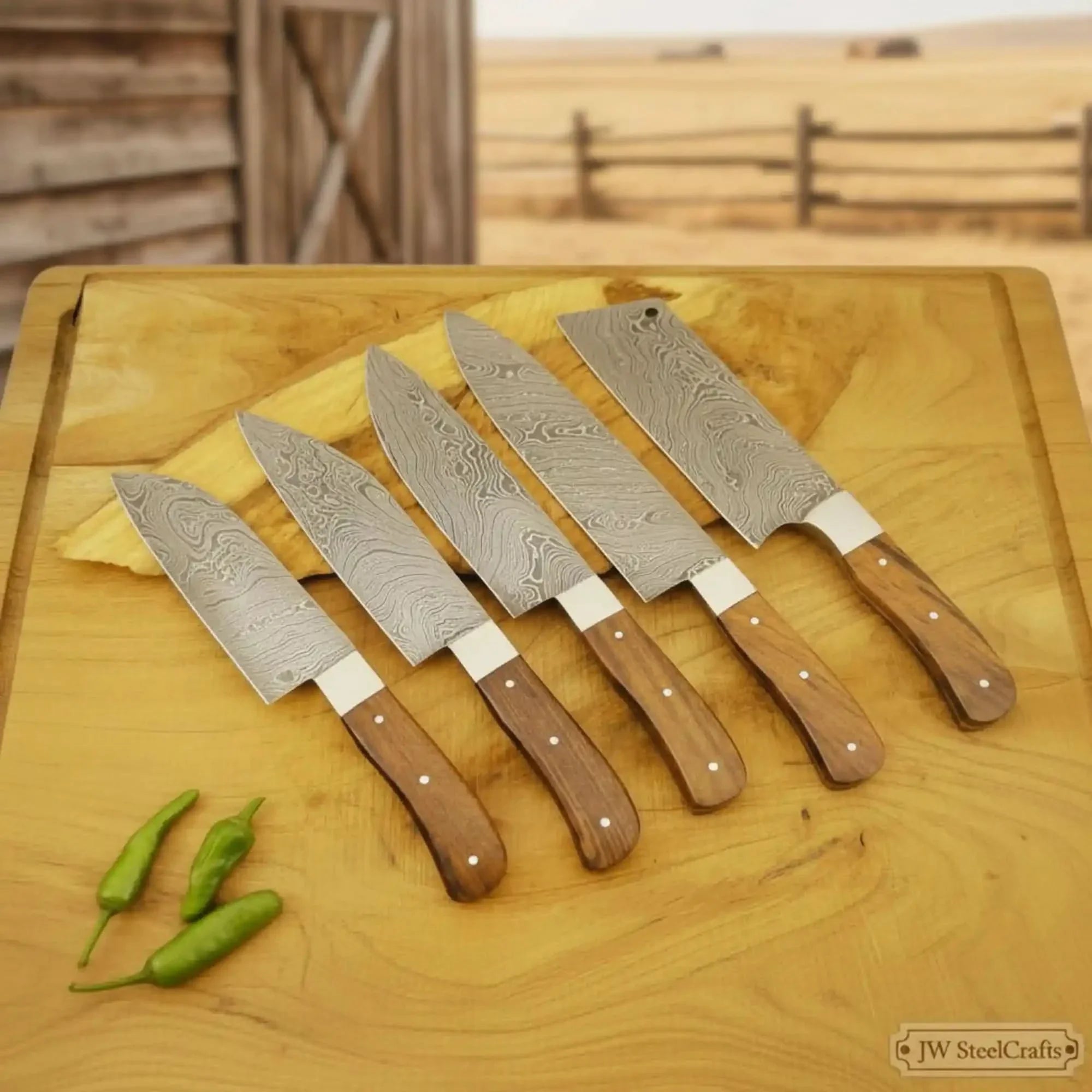 5 Piece Damascus Kitchen Knife Set - Walnut Wood Handle Professional Cooking Knife Set by JW SteelCrafts, Damascus knife main product photo