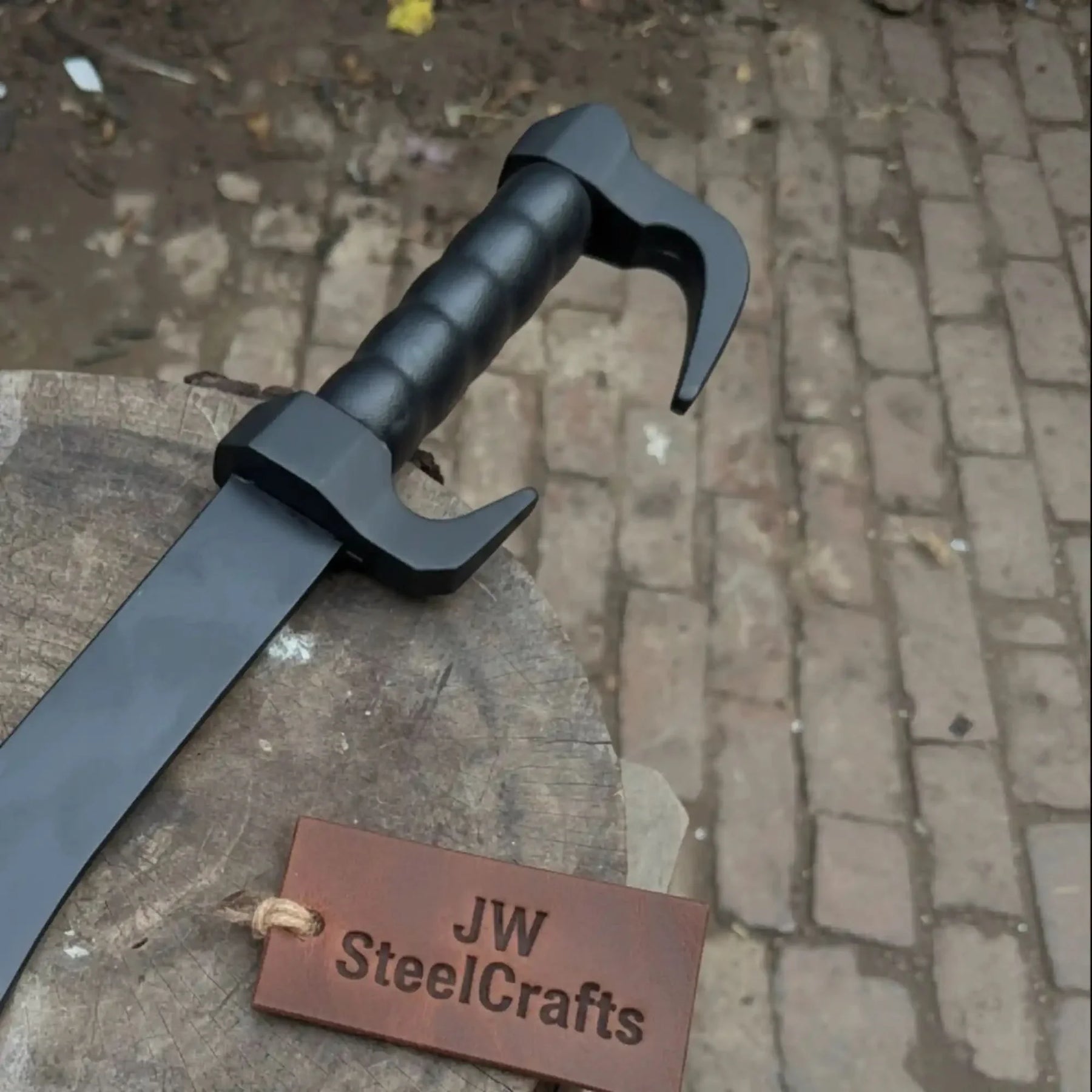 Handmade Fantasy Falchion Sword in Blackened Steel with Curved Blade by JW SteelCrafts, Southern lifestyle apparel detail photo 2