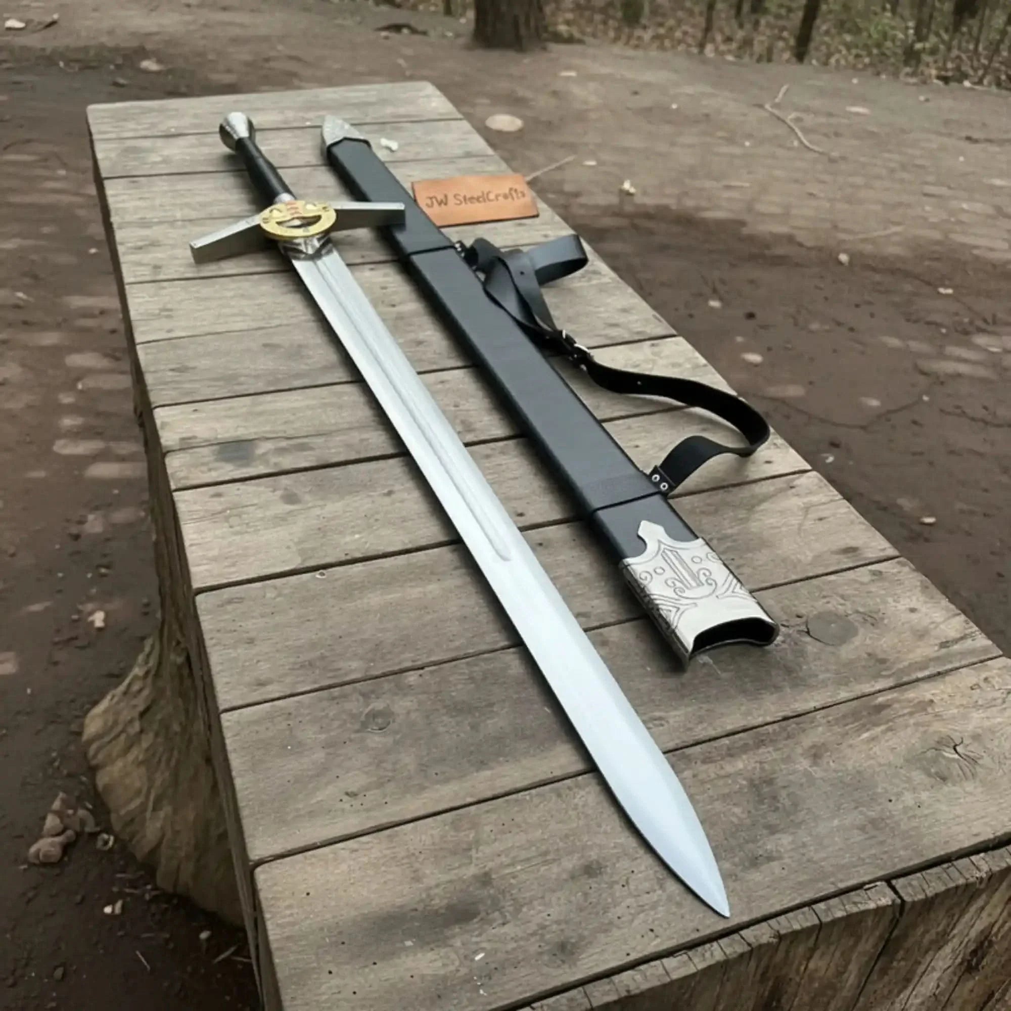 King's Oath Fantasy Longsword Replica Gold Guard, Gemstone Inlays & Leather Scabbard by JW SteelCrafts, handmade jewelry main product photo