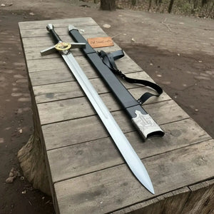 King's Oath Fantasy Longsword Replica Gold Guard, Gemstone Inlays & Leather Scabbard