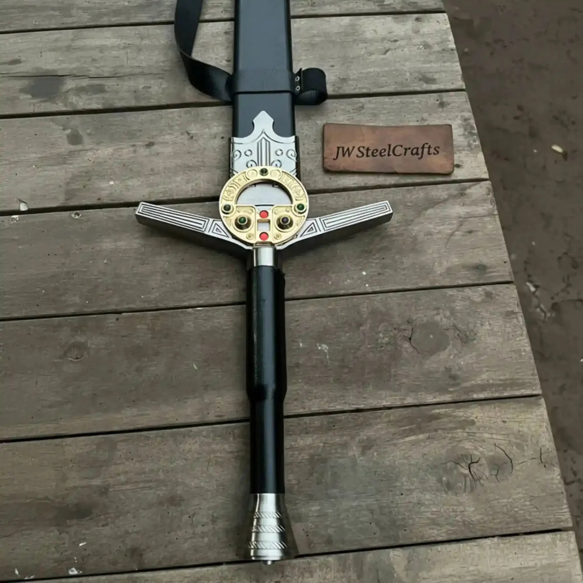 King's Oath Fantasy Longsword Replica Gold Guard, Gemstone Inlays & Leather Scabbard by JW SteelCrafts, handmade jewelry detail photo 2