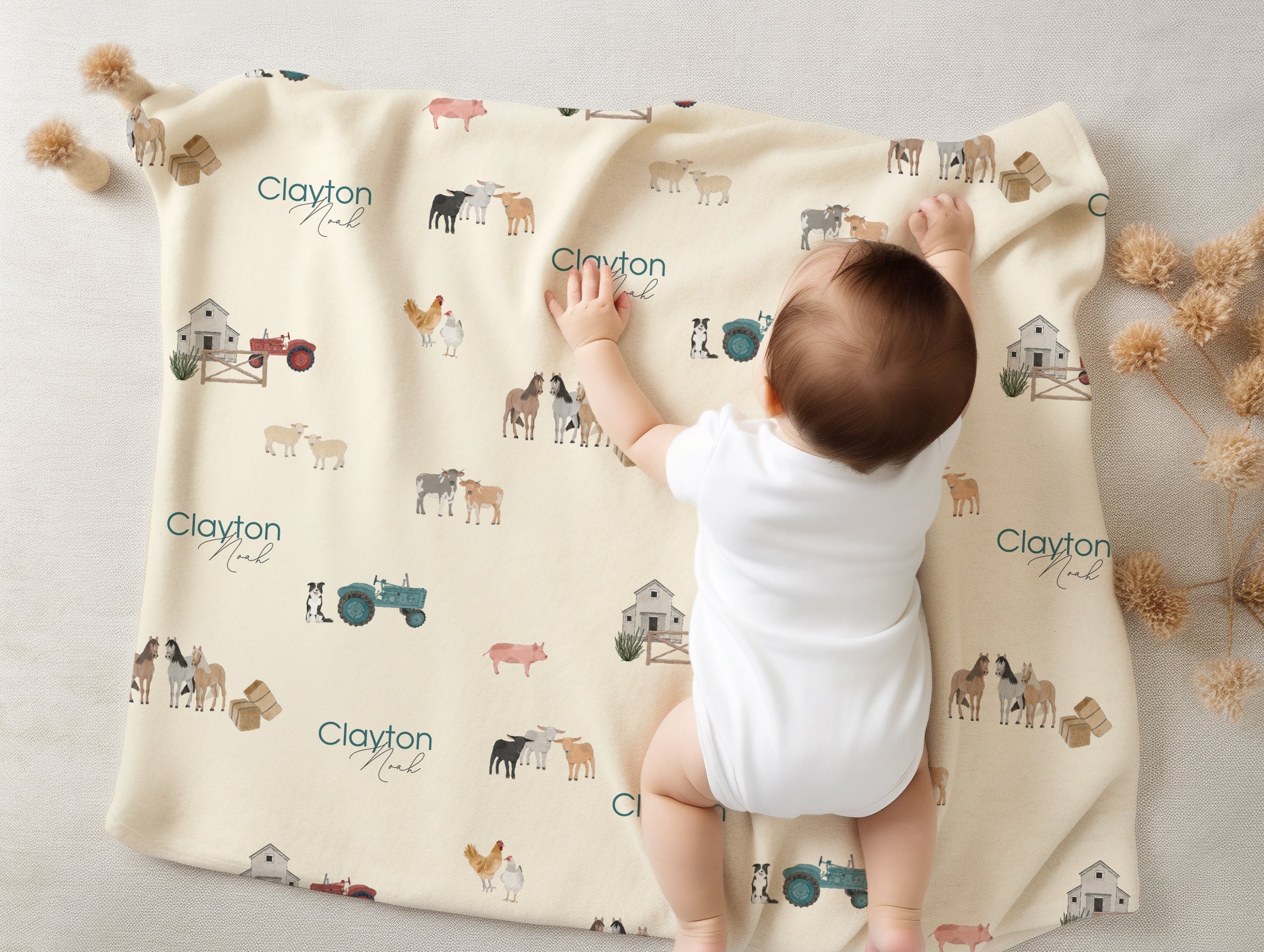 Newborn Personalized Blanket – Baby Deluxe Ivory Minky Fabric Wrap with Brown Deer Print