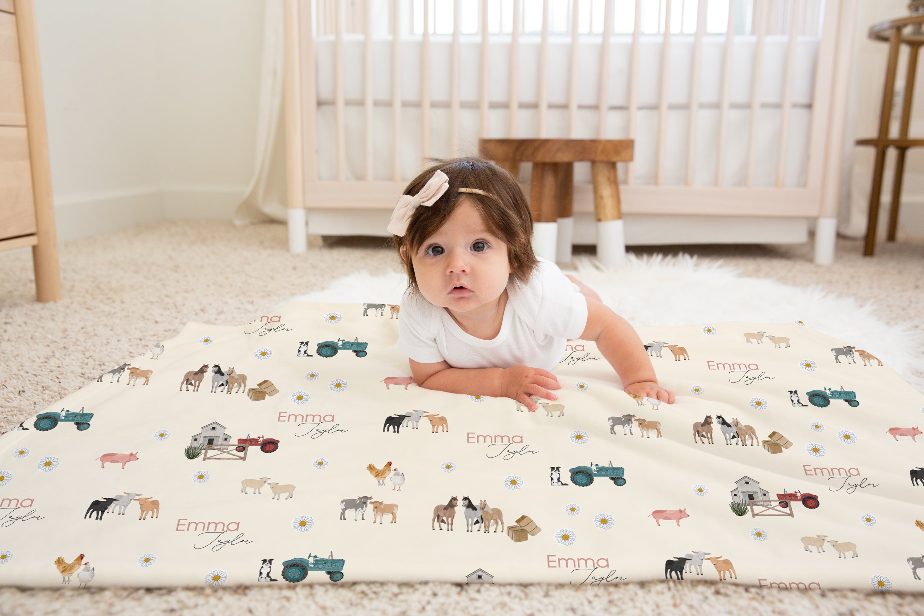 Newborn Personalized Blanket – Baby Deluxe Ivory Minky Fabric Wrap with Brown Deer Print