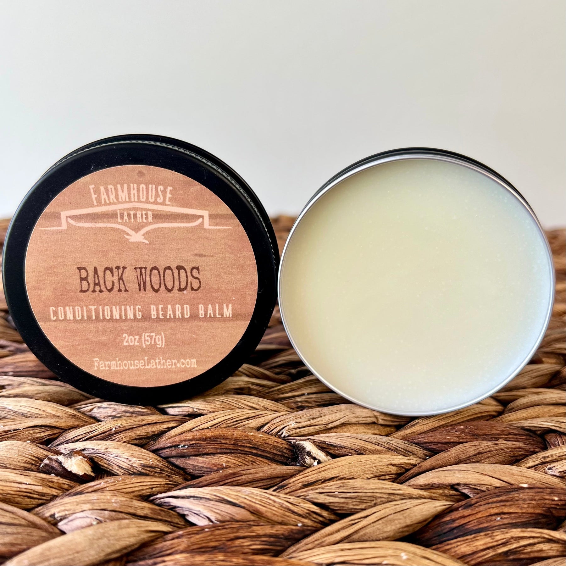 Farmhouse Lather Back Woods beard balm detail photo for handmade men's grooming gifts