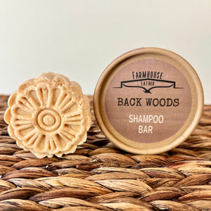 Farmhouse Lather Back Woods tan shampoo bar for zero waste hair care