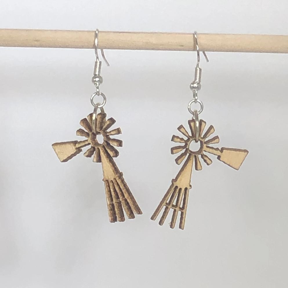Prairie Windmill Wooden Dangle Earrings | Farm Country Jewelry by Cate's Concepts, LLC, handmade jewelry detail photo 2