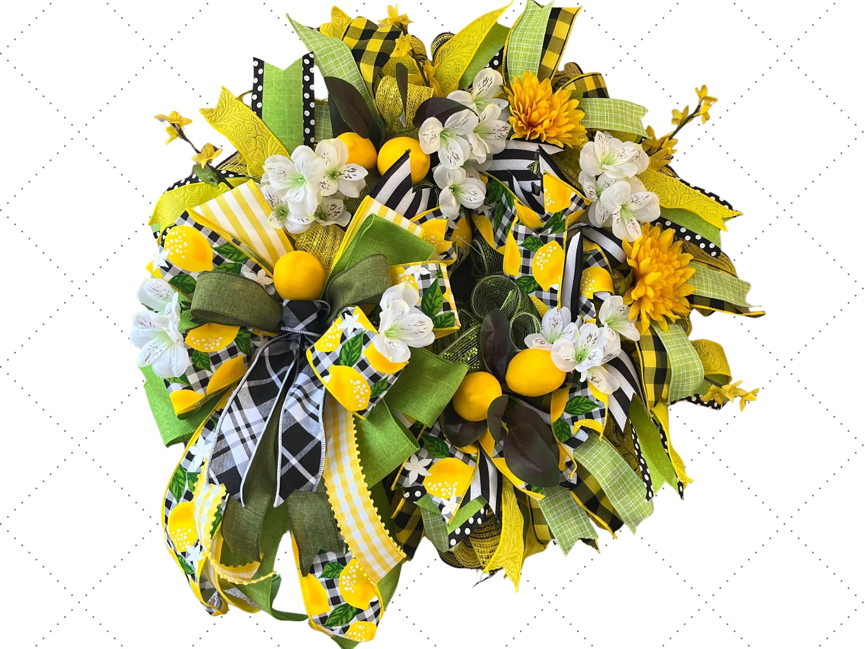 Lemon Front Door Wreath | Farmhouse Gingham Decor handmade by Bouge Creations