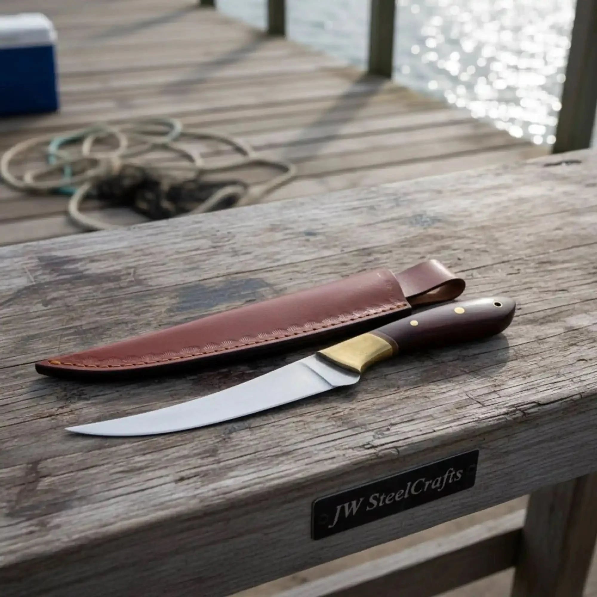 Handmade Full Tang Fillet Knife, 11 inch, Curved Blade, Rosewood Handle by JW SteelCrafts, Damascus knife main product photo