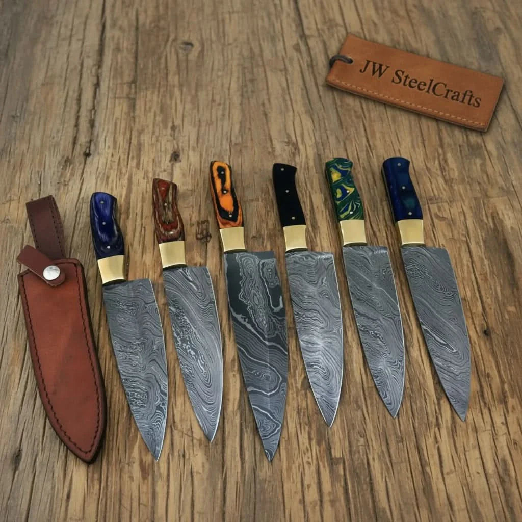 6-Piece Handmade Damascus Kitchen Knife Set – Mixed Resin Handles & Brass Bolsters | 13-Inch Blades | Leather Sheaths & Engraving Available by JW SteelCrafts, leather knife