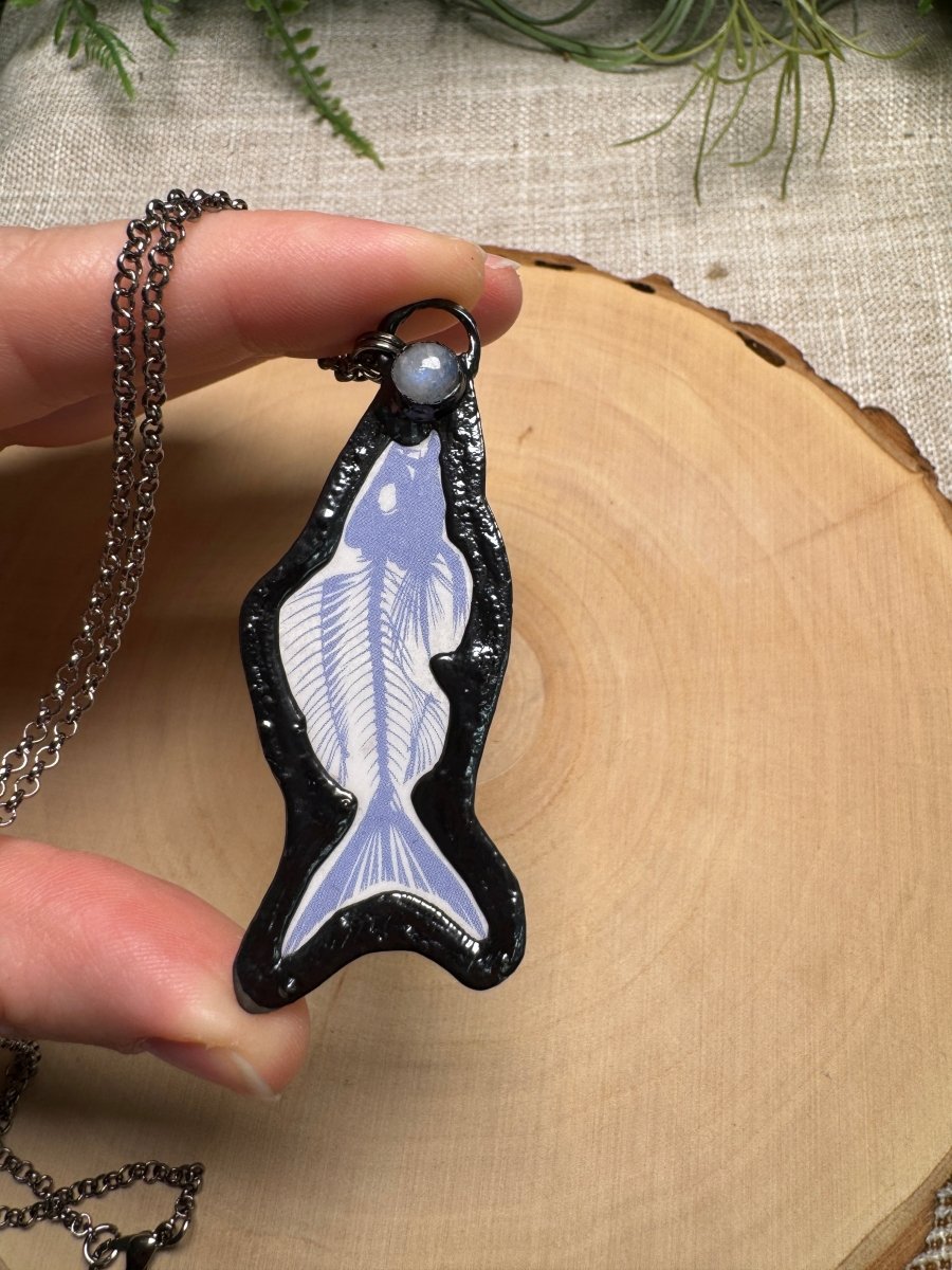 Fish Skeleton and Moonstone Necklace