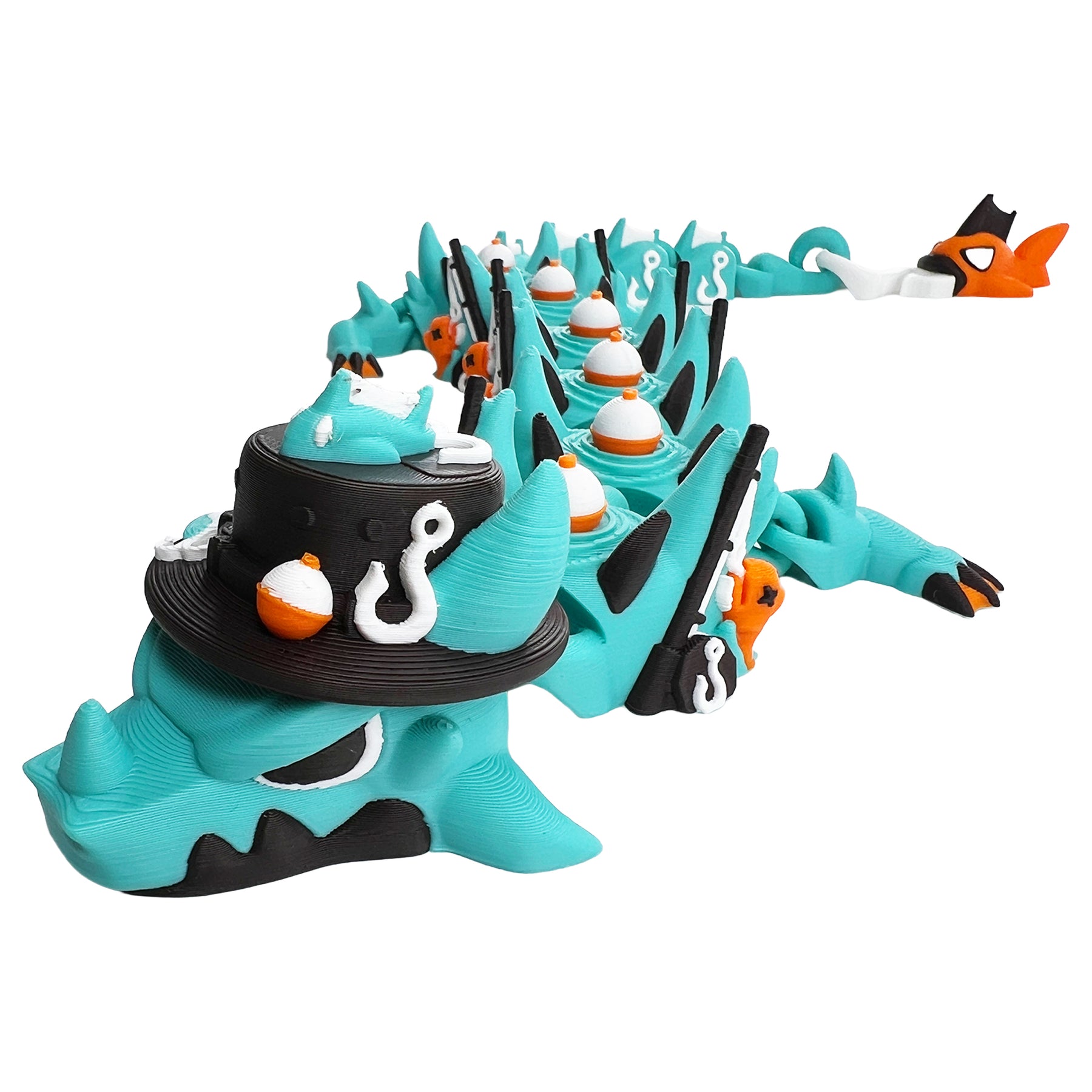 Fishing dragon with wide-brim fishing hat, bobber, hook, rods, fish, and articulated body