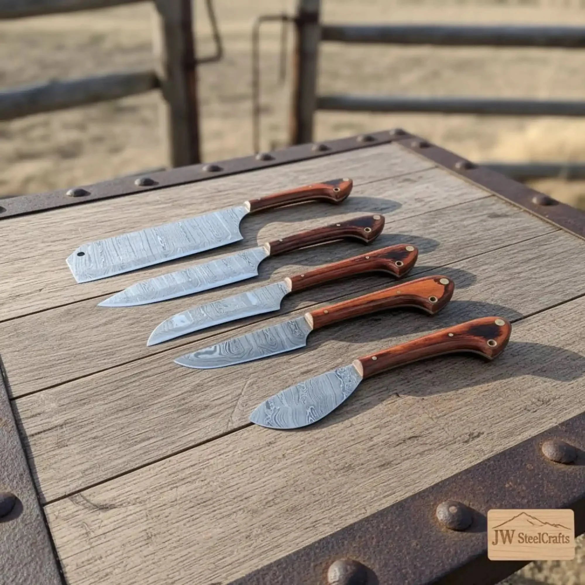 JW SteelCrafts 5 Piece Damascus Kitchen Knife Set Chef Santoku Cleaver Utility and Paring Knives Pakka Wood Handle Professional Cooking Knife Collecti by JW SteelCrafts, Damascus