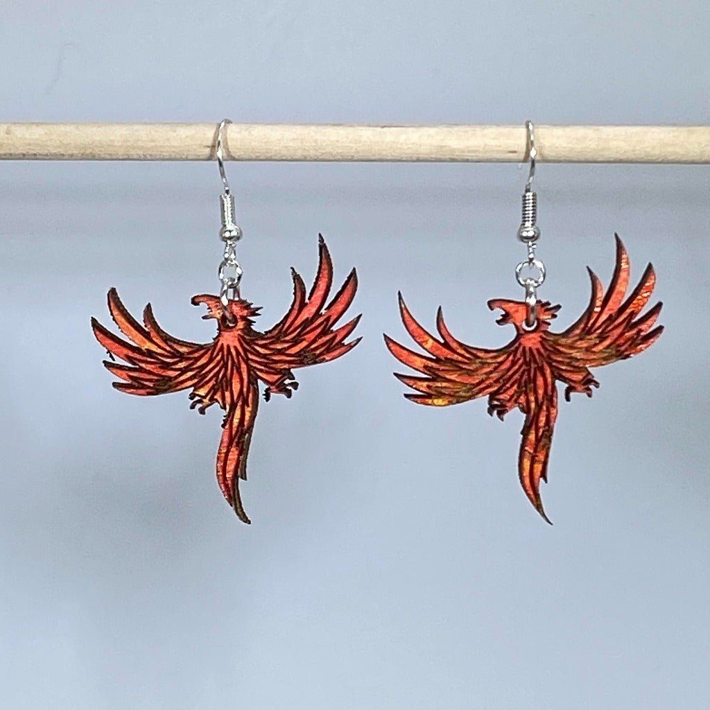 Flaming Phoenix Wooden Dangle Earrings | Mythical Fire Bird Jewelry