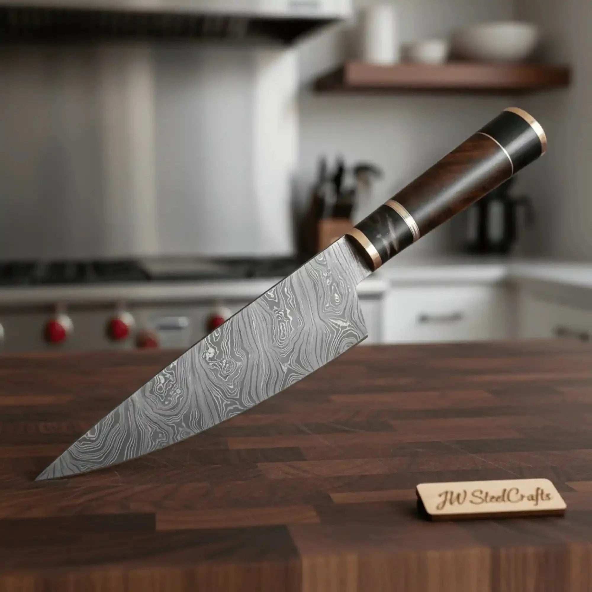 JW SteelCrafts Kiritsuke Butcher Slicer, Hand-forged Damascus, Brass-Capped Hardwood Handle by JW SteelCrafts, Southern lifestyle apparel main product photo