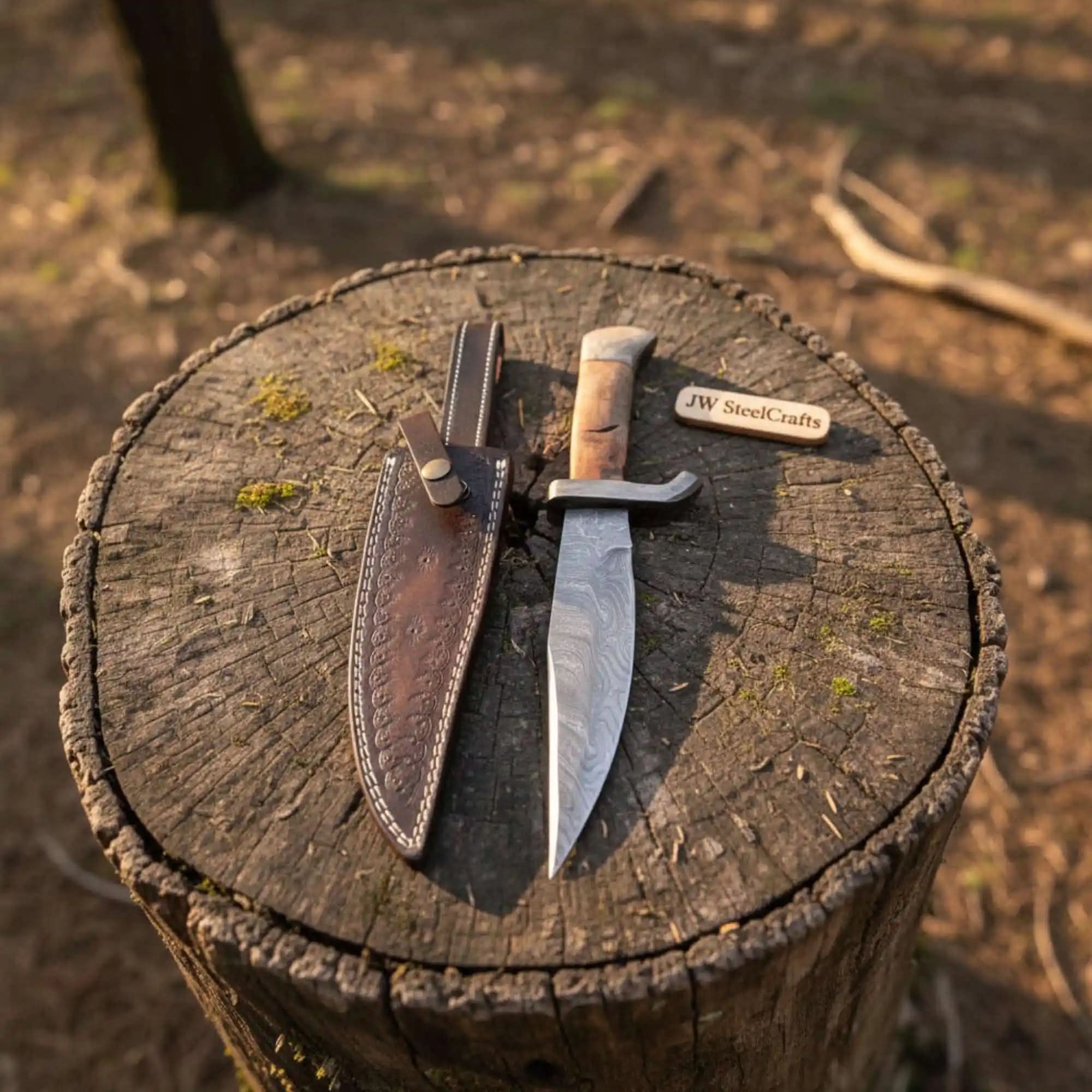 Classic Jim Bowie Style Damascus Steel Bowie Knife – Clip Point Blade with Walnut Wood Handle | JW SteelCrafts by JW SteelCrafts, Damascus knife main product photo