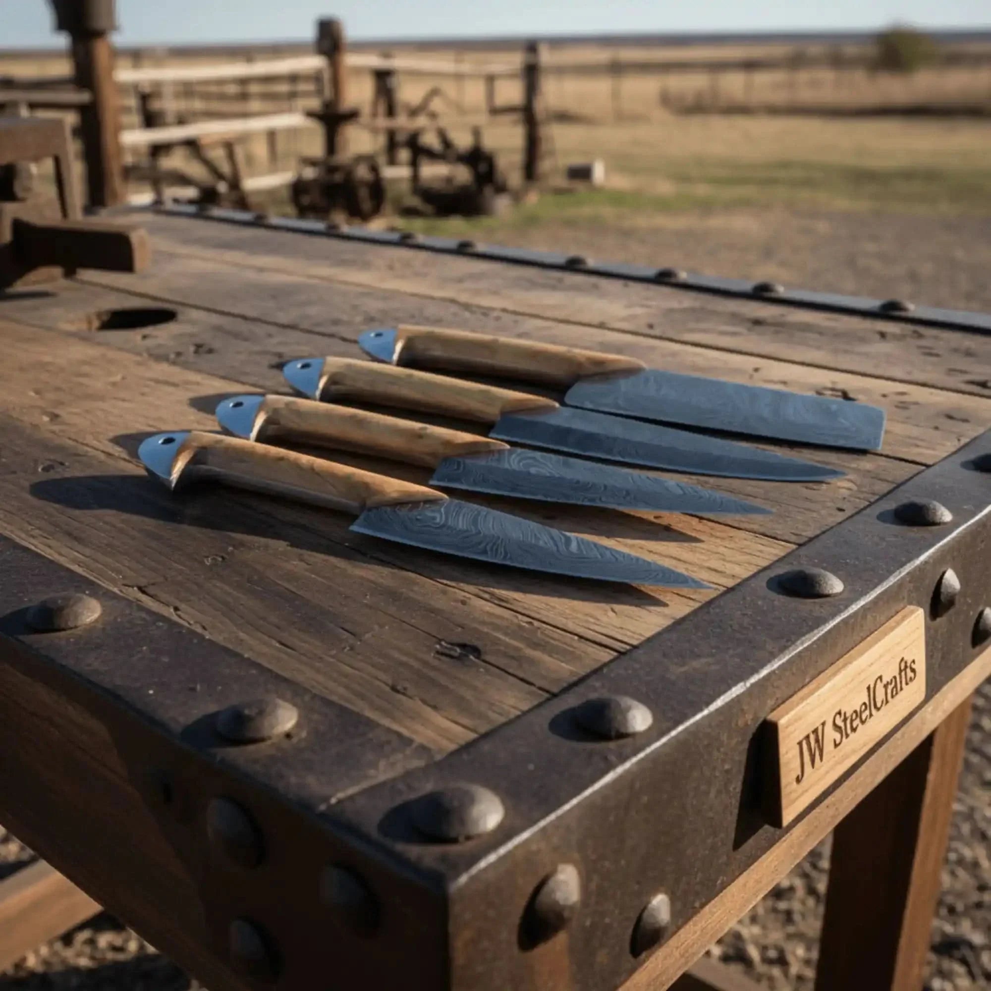 Damascus Kitchen Knife Set of 4 - Hand-Forged Full Tang Blades detail view by JW SteelCrafts