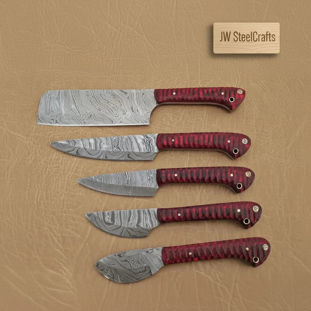 6-Piece Damascus Kitchen Knife Set — Bread, Chef, Santoku, Utility, Boning & Paring with Red Wood Handles by JW SteelCrafts, Damascus knife detail photo 2