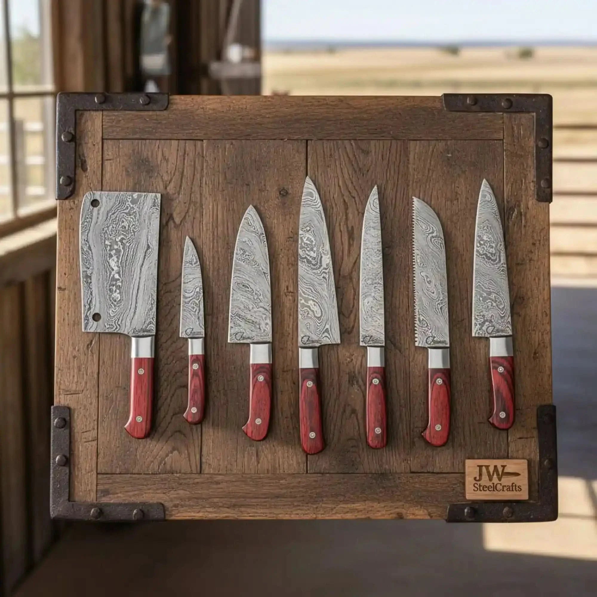 Hammer Forged 7-Piece Chef Damascus Knife Set with Red Pakka Wood Handles by JW SteelCrafts, Damascus knife main product photo