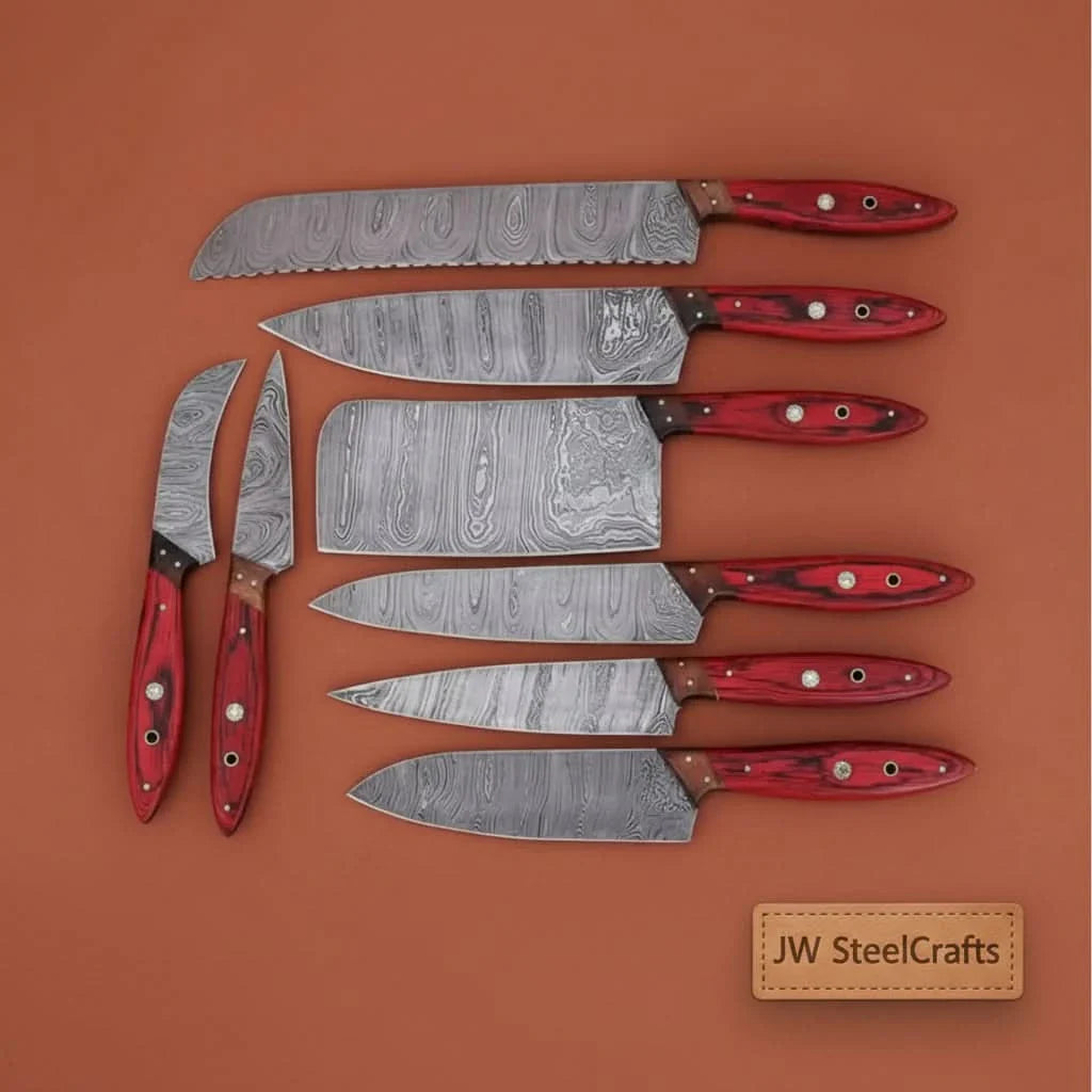 Damascus Kitchen Knife Set of 8, Hand-Forged with Red Pakka Handles by JW SteelCrafts, Damascus knife detail photo 2