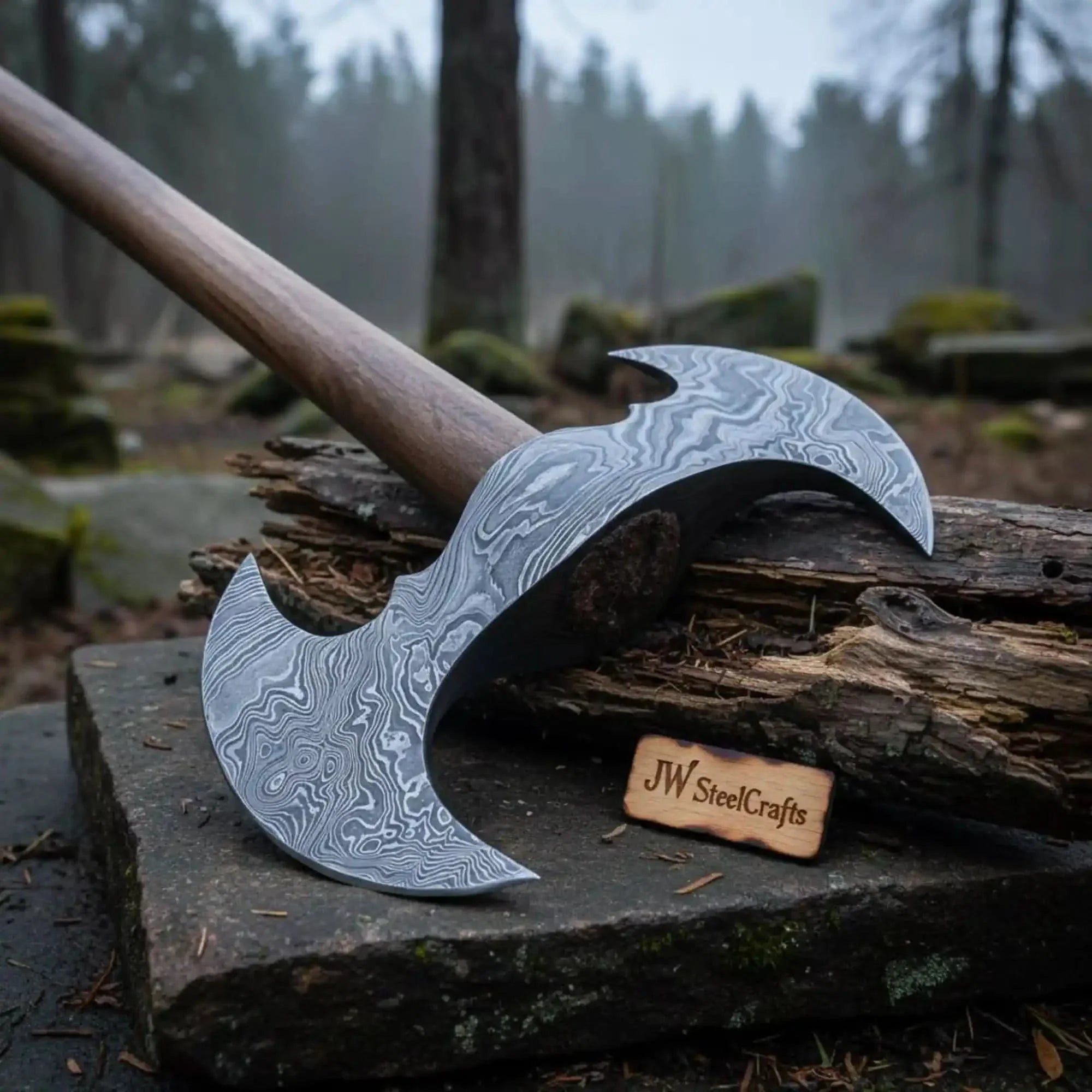 Custom Hand Forged Damascus Steel Viking Double Bit Throwing Axe with Hardwood Handle and Leather Sheath | JW SteelCrafts by JW SteelCrafts, leather knife sheath detail photo 2