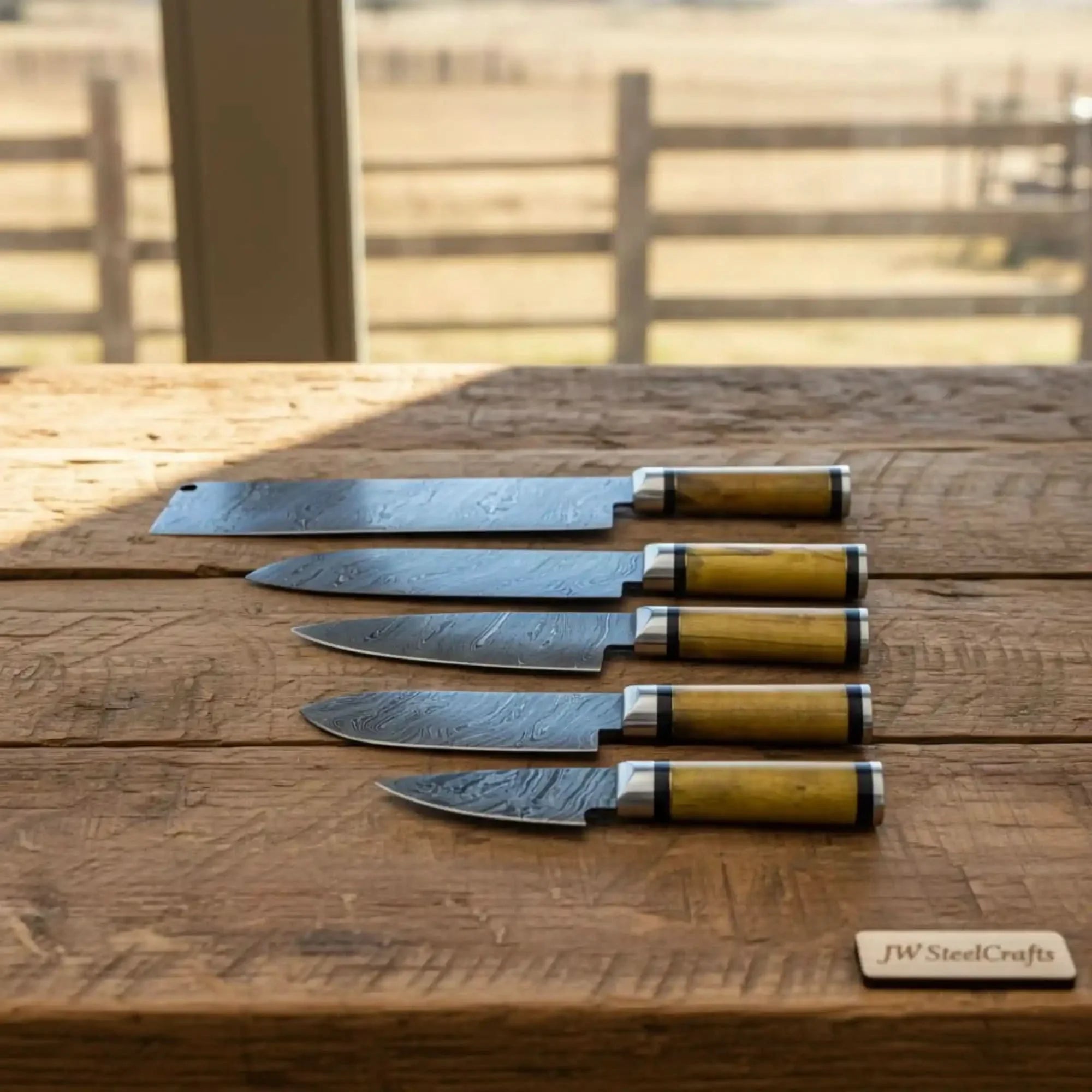 Custom Forged Damascus 5-Knife Chef Set — Olive Wood Handles, Pro Grade by JW SteelCrafts, Damascus knife main product photo