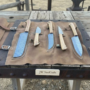 5-Piece Damascus Knife Set — Cleaver, Chef, Skinner, Utility & Paring with Olive Wood Handles & Leather Roll